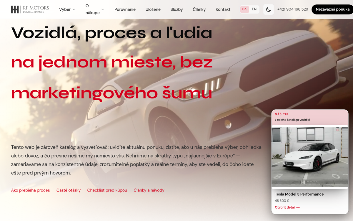 Vizuálna identita náhľadu webu RF Motors